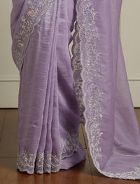Floral Embroidered Beads And Stones Saree With Blouse Piece in Purple