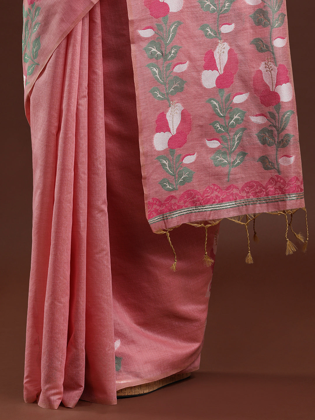 Woven Design Floral Muga Cotton Saree in Pink