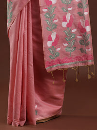 Woven Design Floral Muga Cotton Saree in Pink