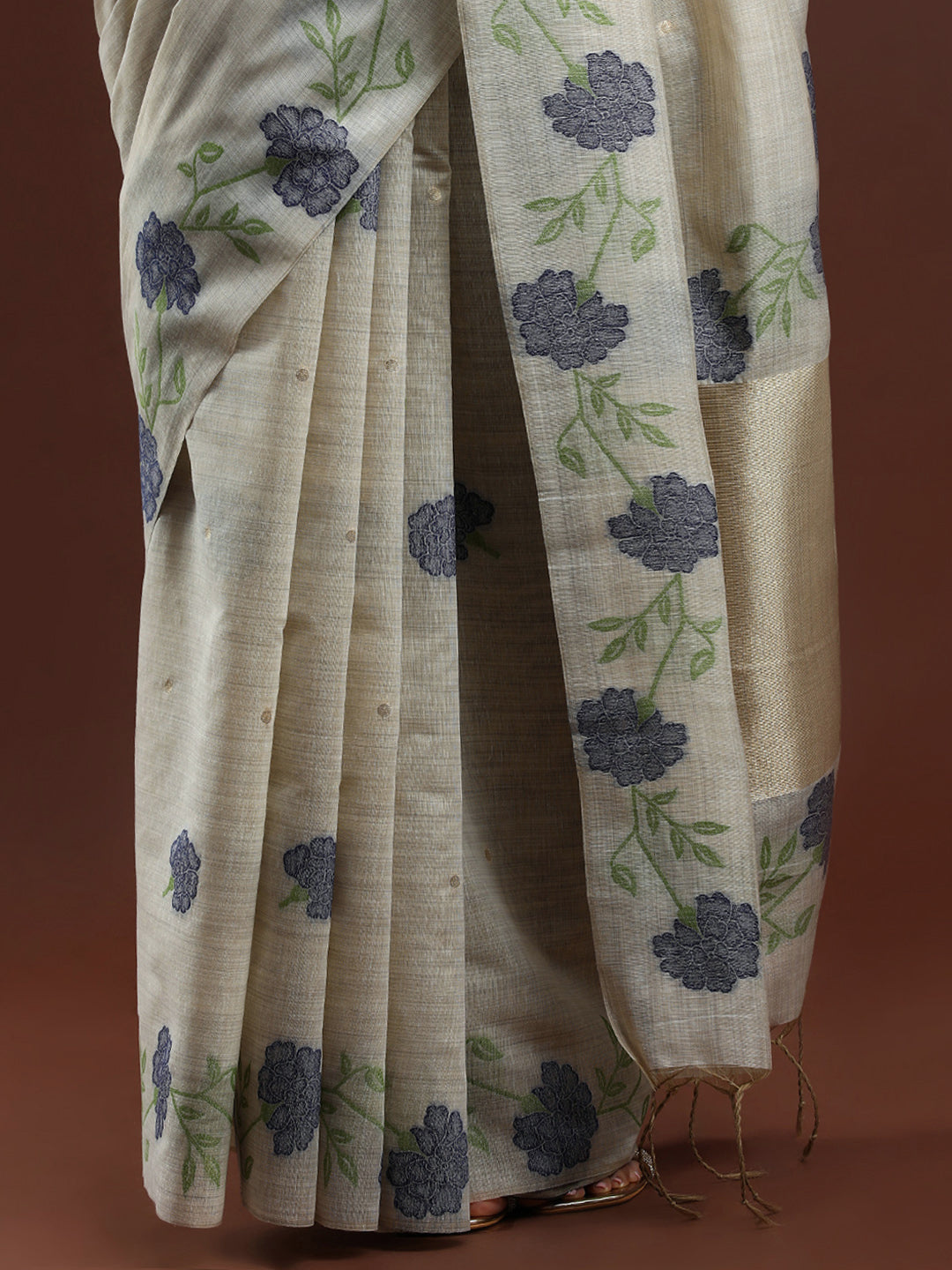 Woven Design Floral Muga Cotton Saree with Blue Motifs