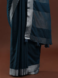 Woven Design Solid Bhagalpuri Linen Saree in Dark Blue