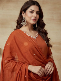Embroidered Cotton Blend V-Neck Kurta & Trousers With Dupatta