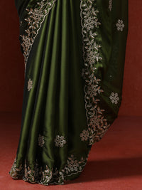 Ethnic Motifs Embroidered Sequinned Saree in green