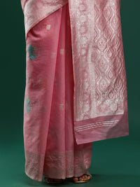 Woven Design Floral Chanderi Cotton Saree in Pink