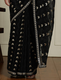 Geometric Embellished Sequinned Saree With Blouse in Black