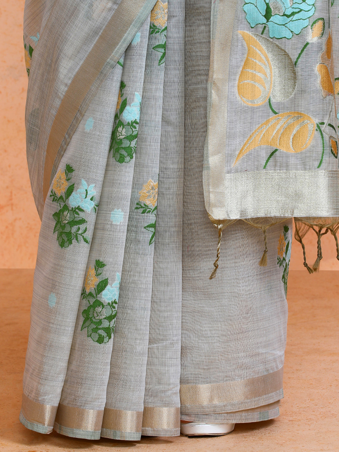 Leela Cotton in Beige with Green Motifs