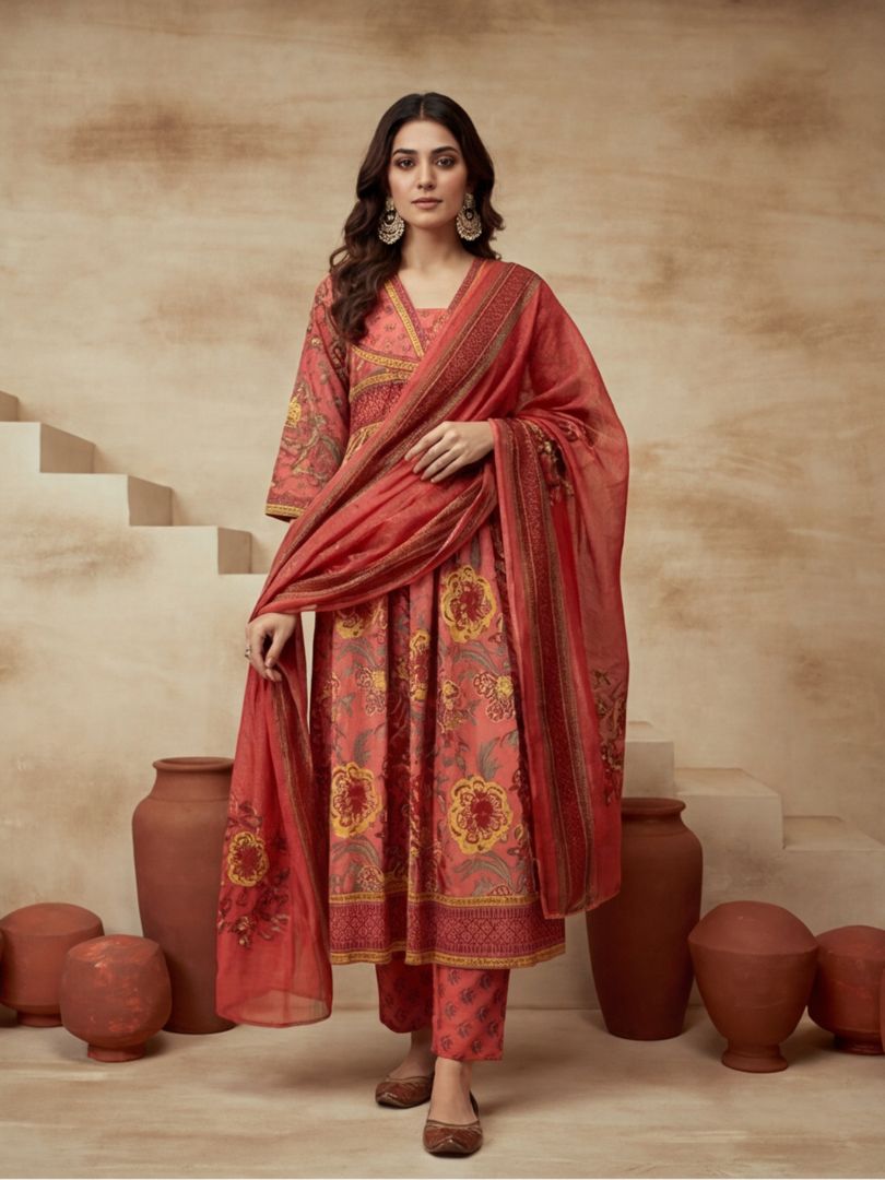 Embroidered V-Neck Kurta & Trousers With Dupatta