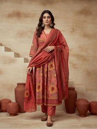 Embroidered V-Neck Kurta & Trousers With Dupatta