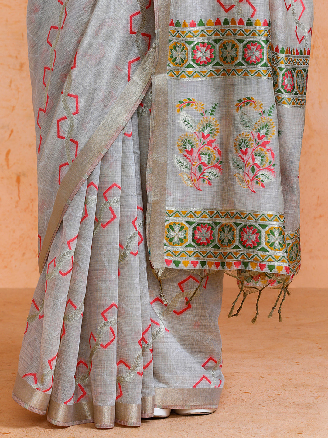 Devina Cotton in Beige with Coral Pink Motifs