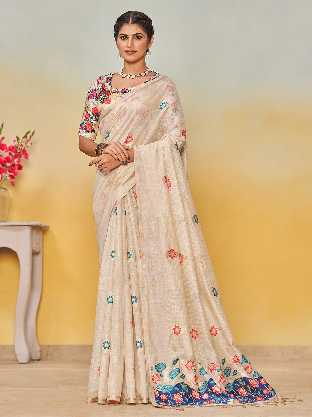 Sundari Cotton in Beige with Blue Motifs