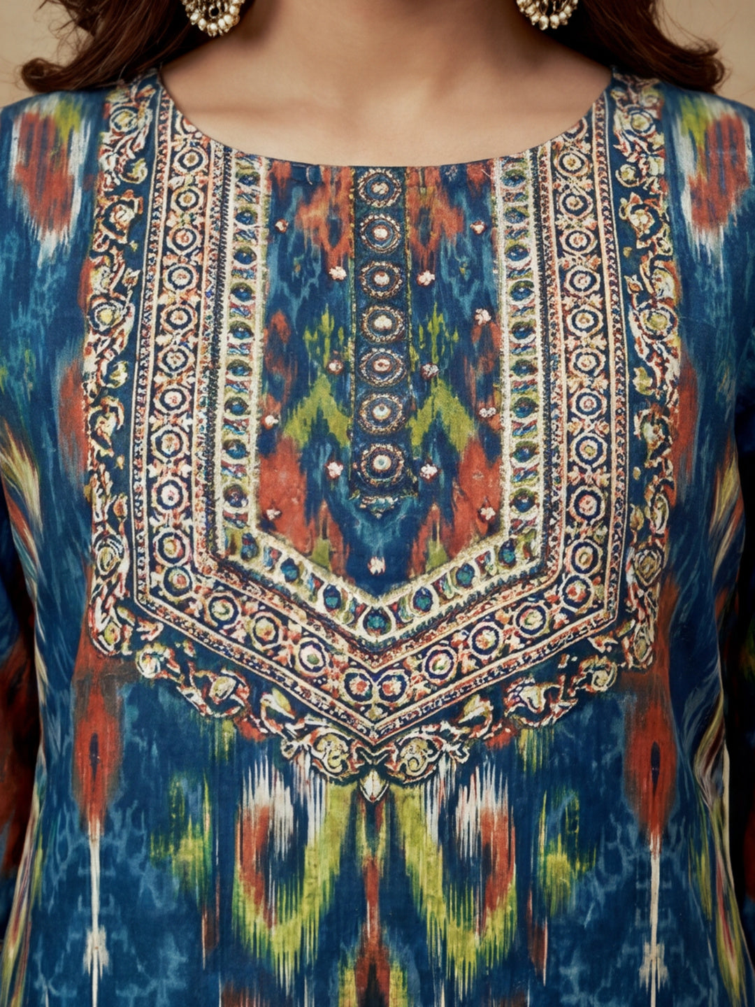 Embroidered Cotton Blend Round Neck Kurta & Trousers With Dupatta