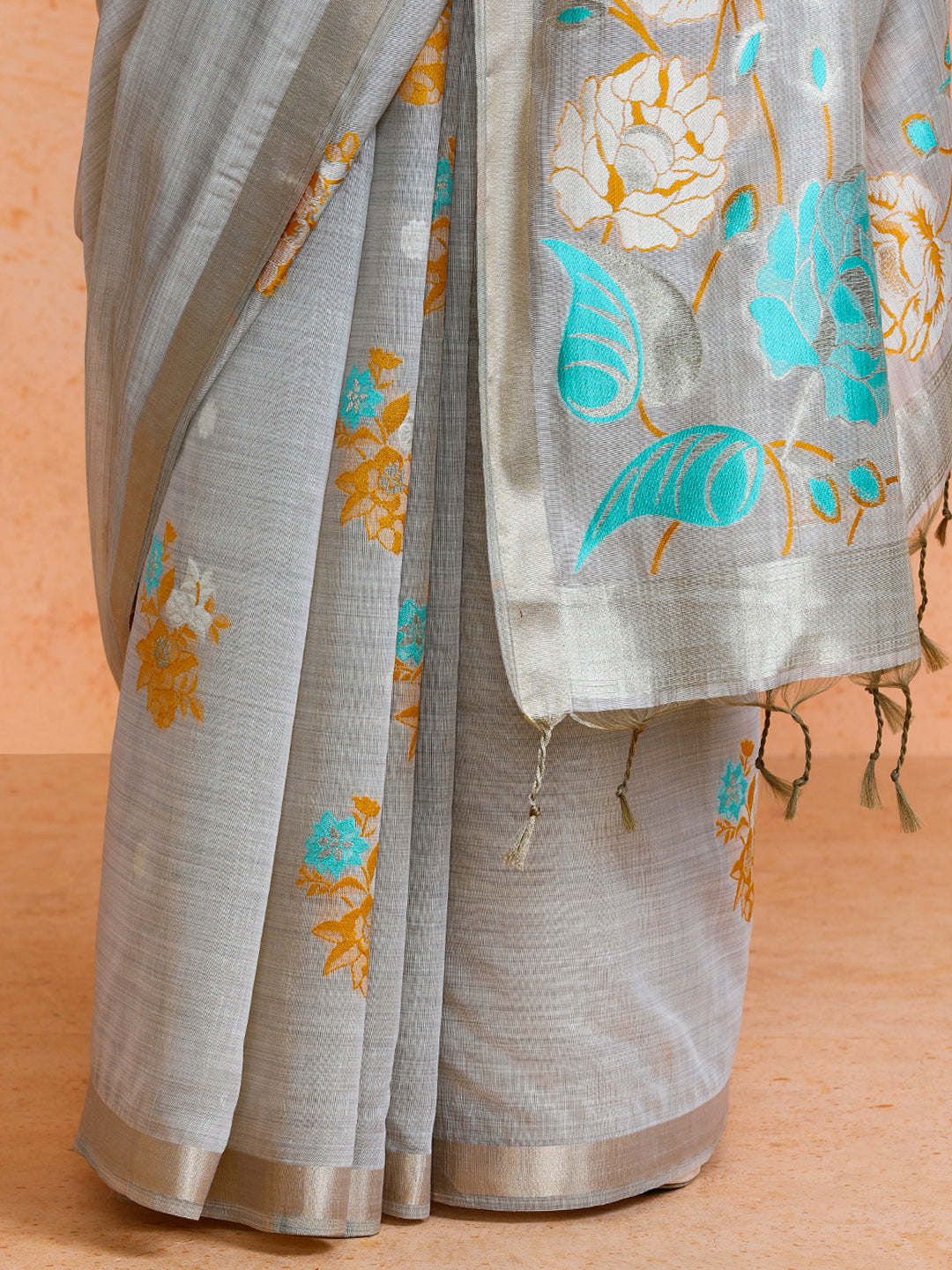 Leela Cotton in Beige with Blue Motifs