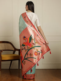 Paithani Woven Design Saree With Blouse in Sea Green and Orange