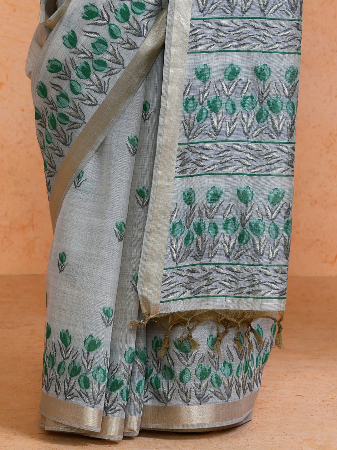 Aranya Cotton in Beige with Green Motifs