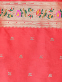 Floral Woven Design Zari Paithani Saree in Pink and Orange