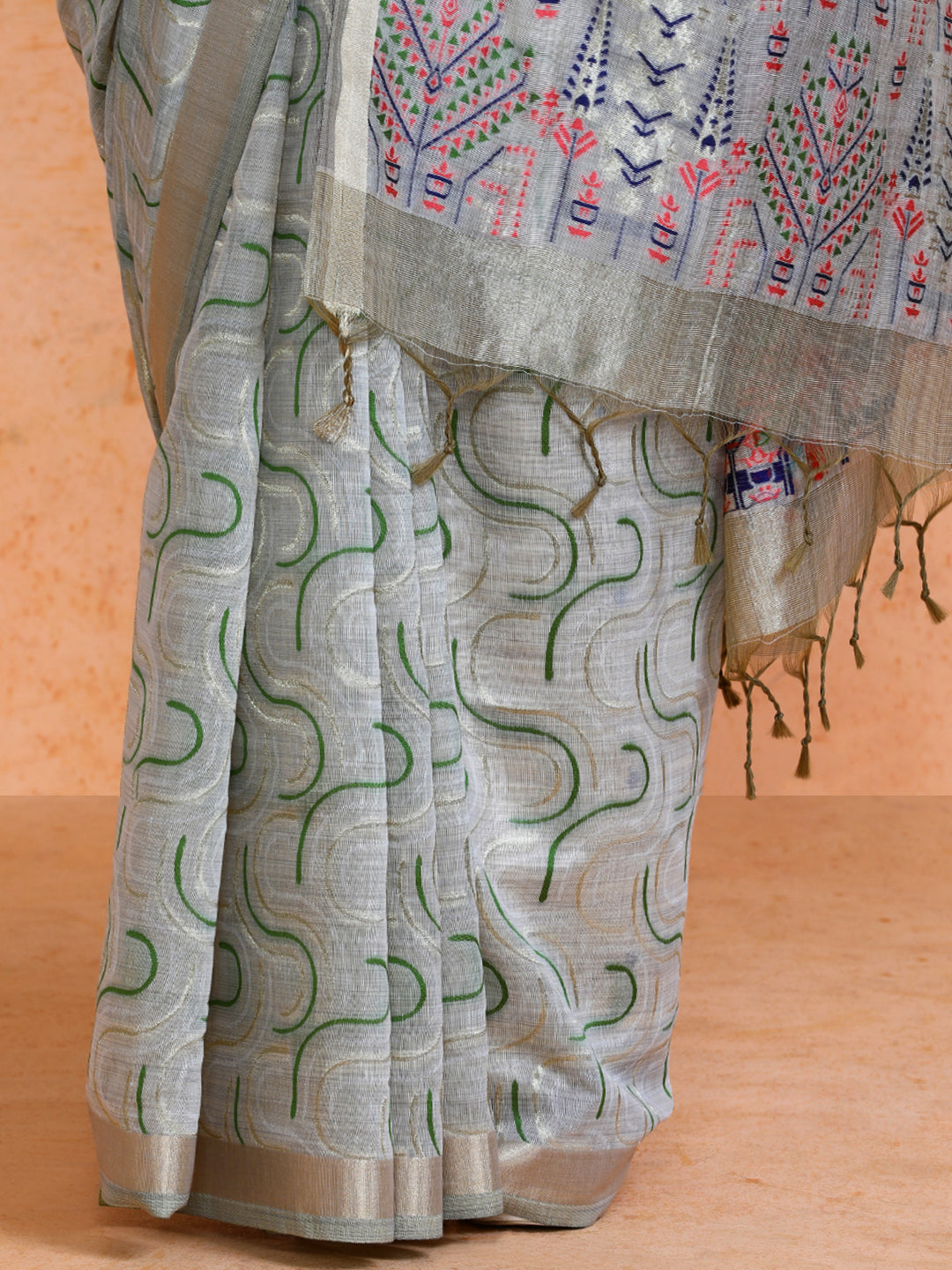 Zaika Cotton in Beige with Green Motifs