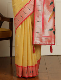 Floral Woven Design Zari Saree With Blouse Piece in Yellow and Orange