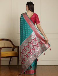 Ethnic Motif Woven Design Zari Banarasi Satin Silk Saree & Blouse Piece in Sea Green