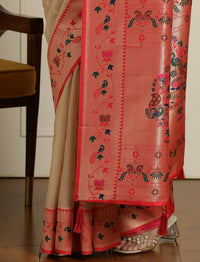 Ethnic Motifs Woven Design Paithani Sareee With Blouse Piece in Beige and Orange
