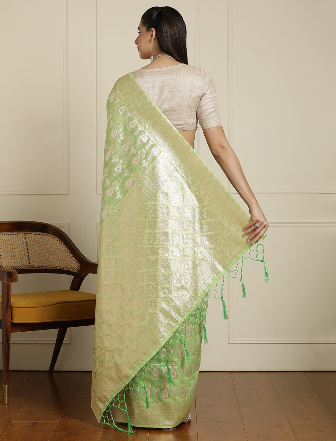 Ethnic Motifs Woven Design Muga Saree in Green