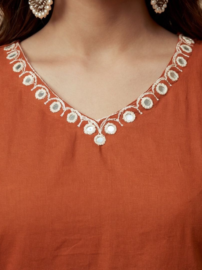 Embroidered Cotton Blend V-Neck Kurta & Trousers With Dupatta
