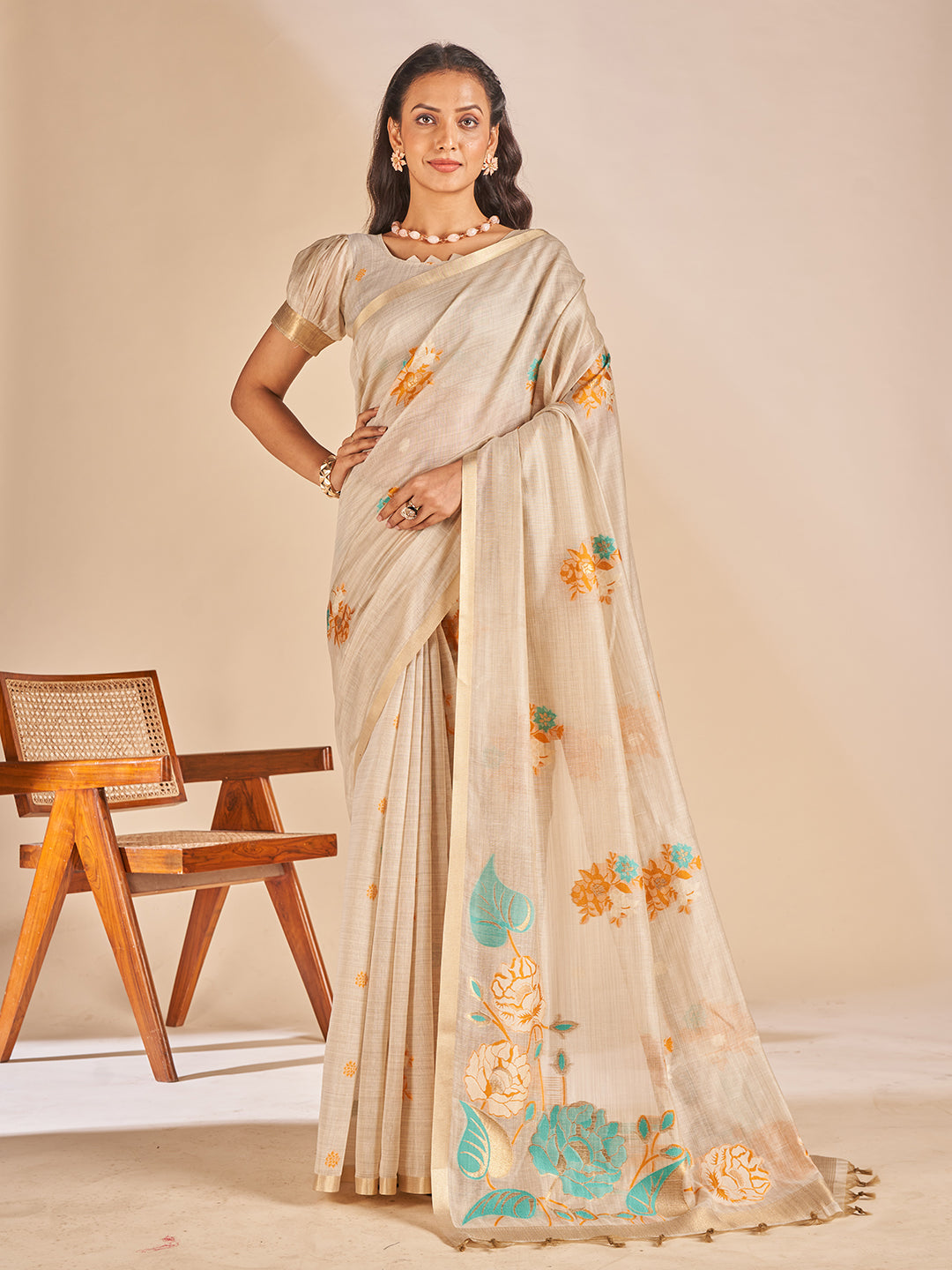 Leela Cotton In Beige With Orange Motifs