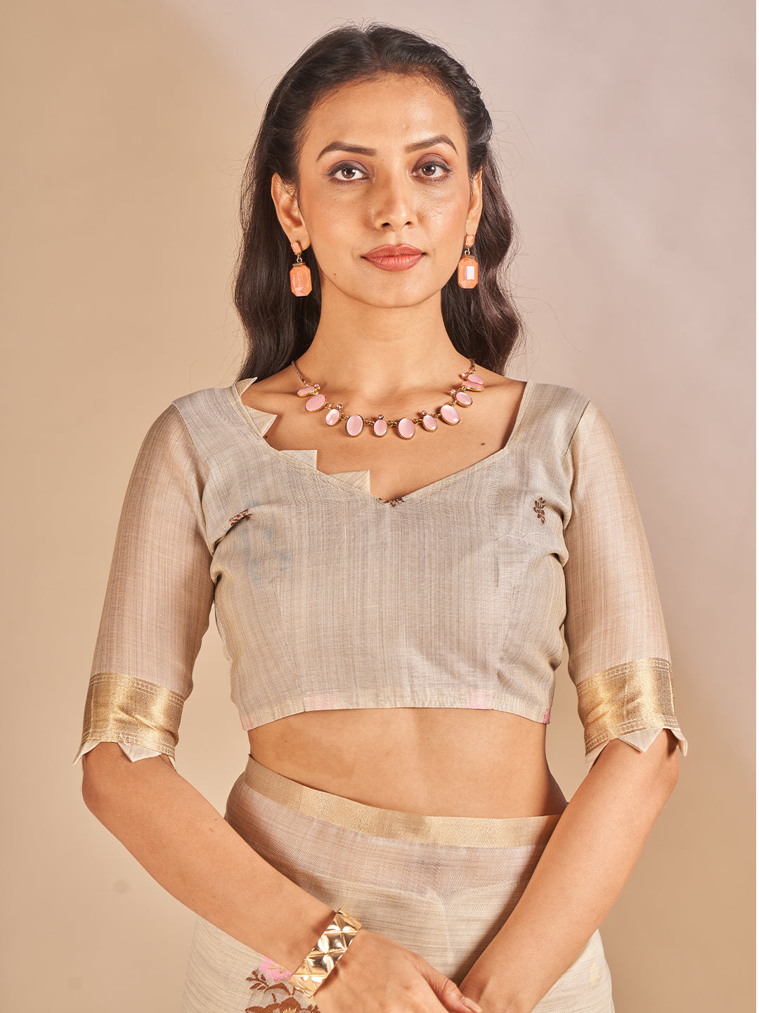 Leela Cotton In Beige With Brown Motifs