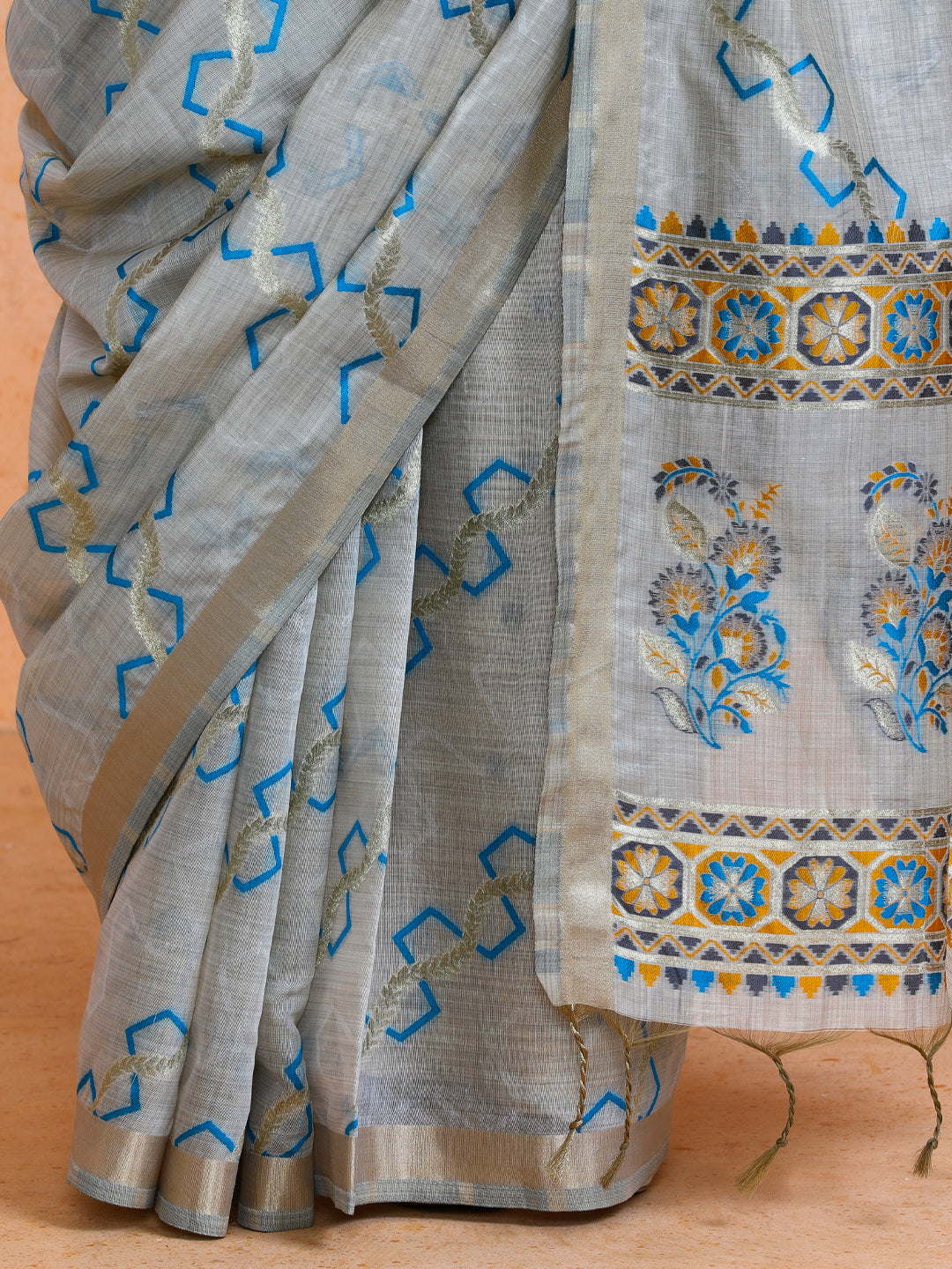 Devina Cotton in Beige with Sky Blue Motifs