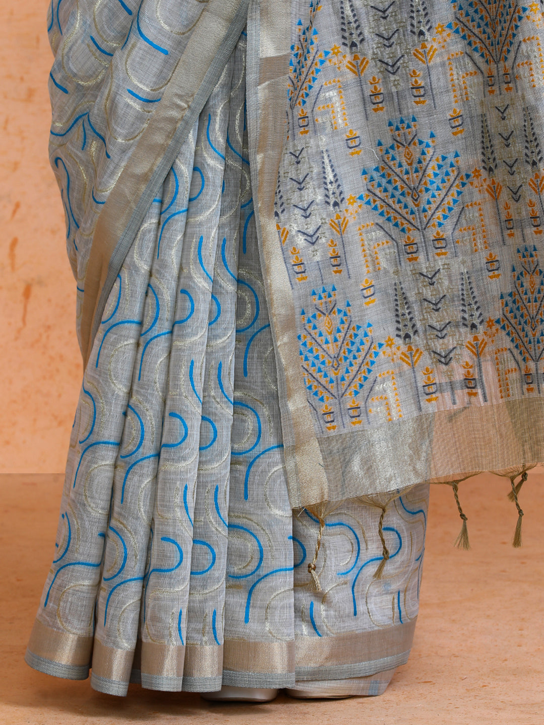 Zaika Cotton in Beige with Light Blue Motifs