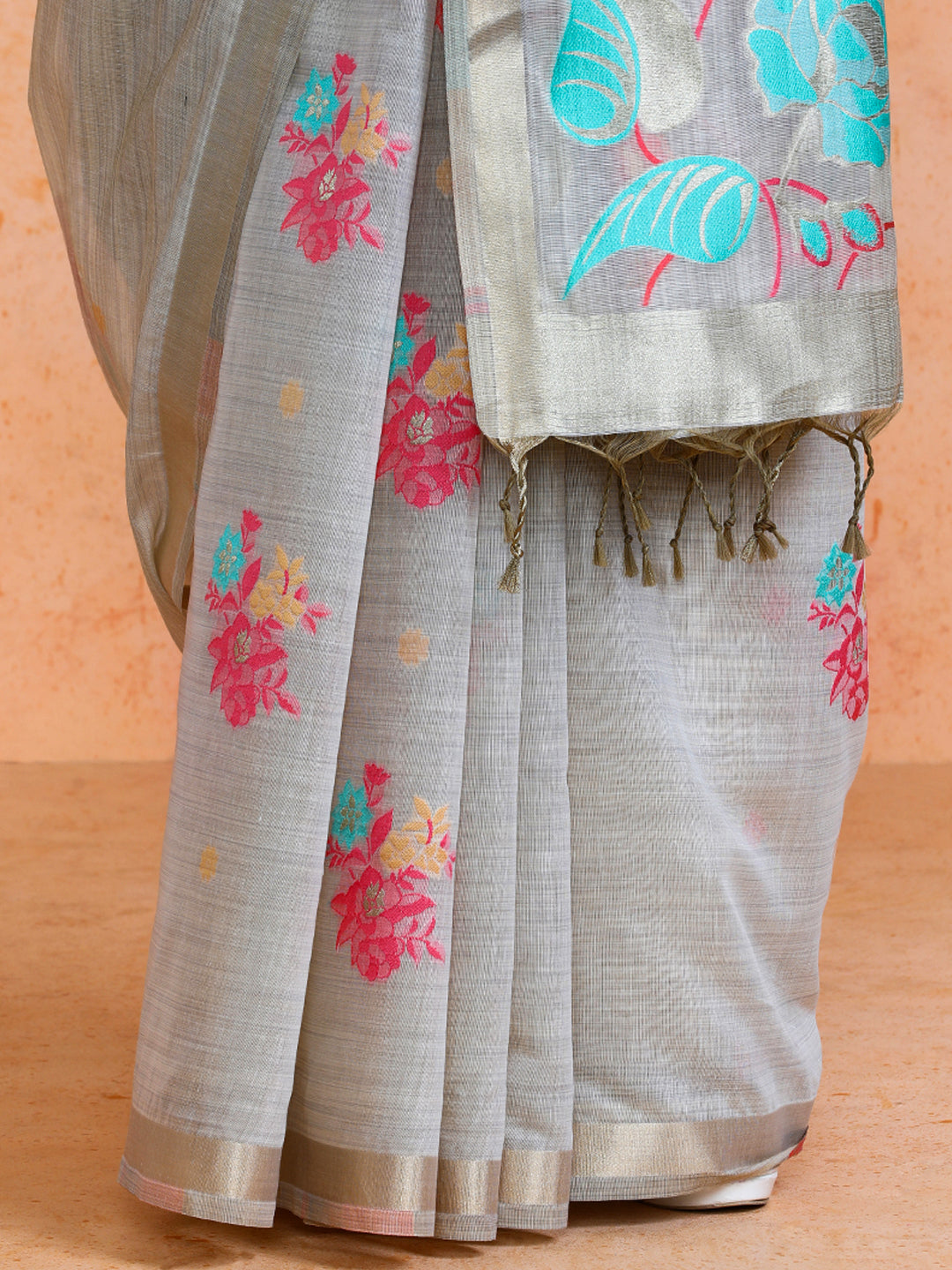 Leela Cotton in Beige with Coral Pink Motifs