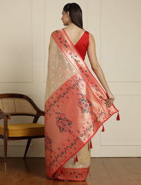 Ethnic Motifs Woven Design Paithani Sareee With Blouse Piece in Beige and Orange