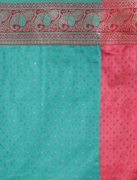 Ethnic Motif Woven Design Zari Banarasi Satin Silk Saree & Blouse Piece in Sea Green