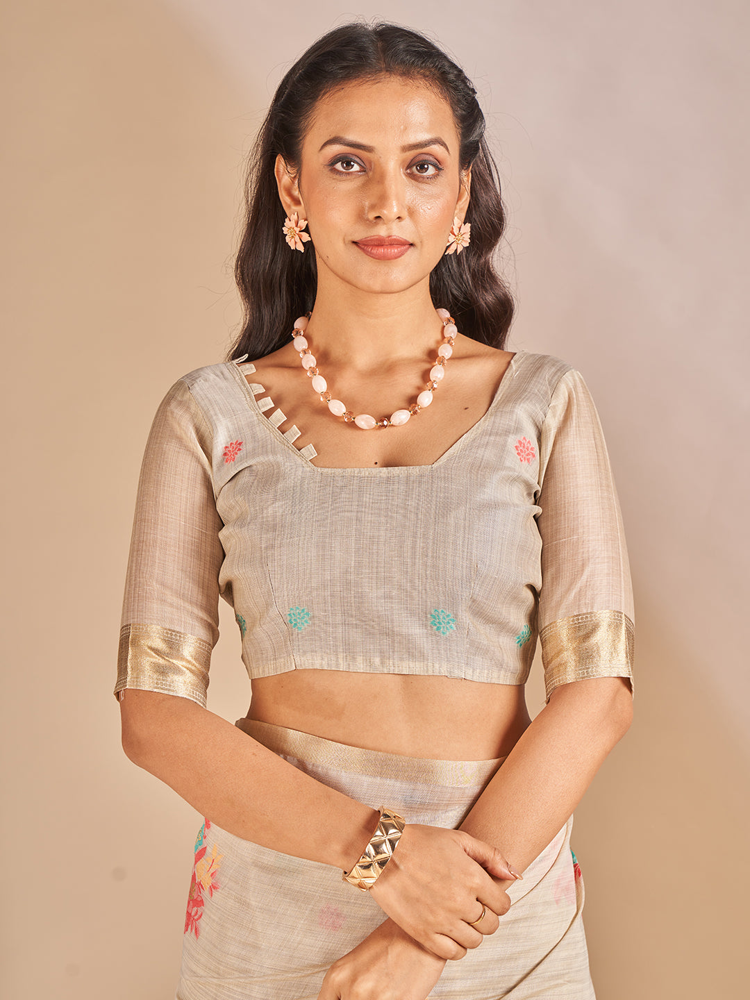 Leela Cotton In Beige With Coral Pink Motifs