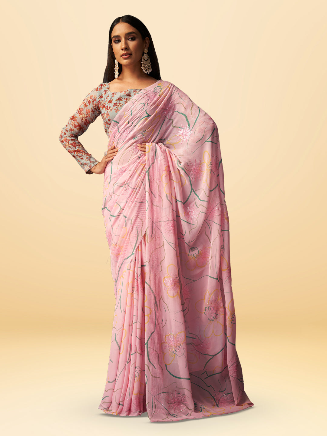 Basanti Bloom in Powder Pink with Floral Patterns