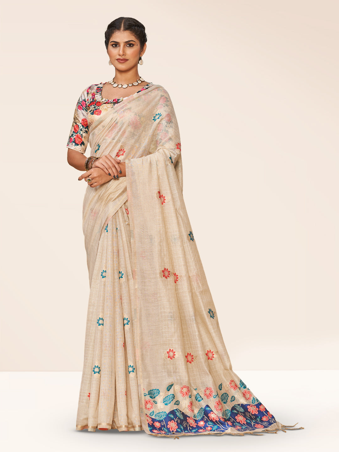 Sundari Cotton in Beige with Blue Motifs