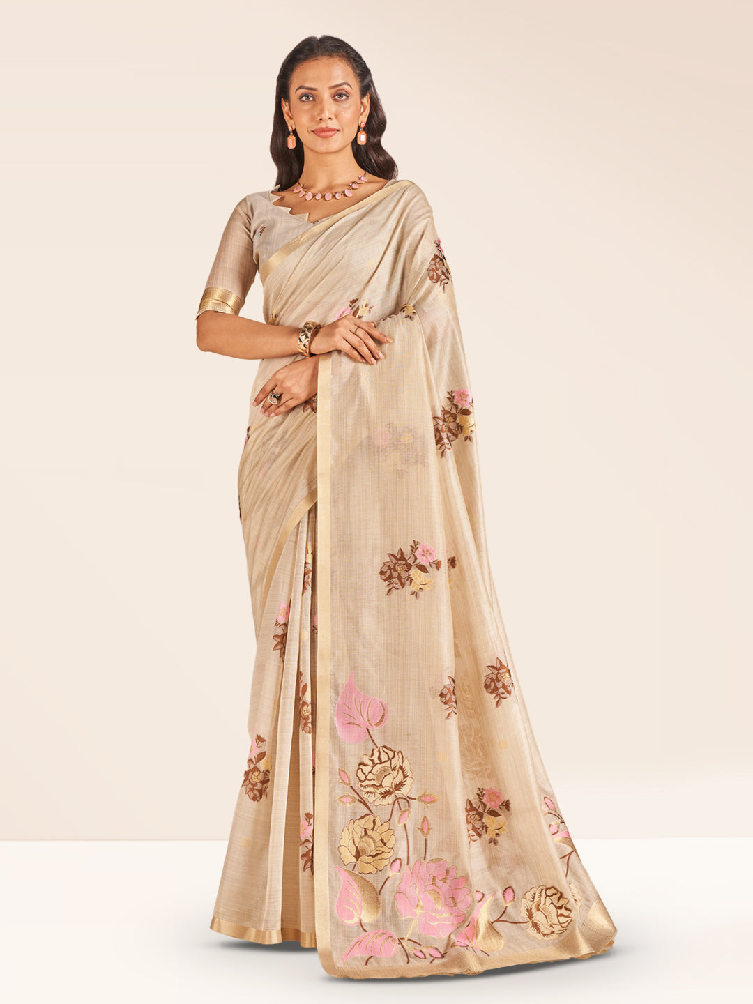 Leela Cotton In Beige With Brown Motifs