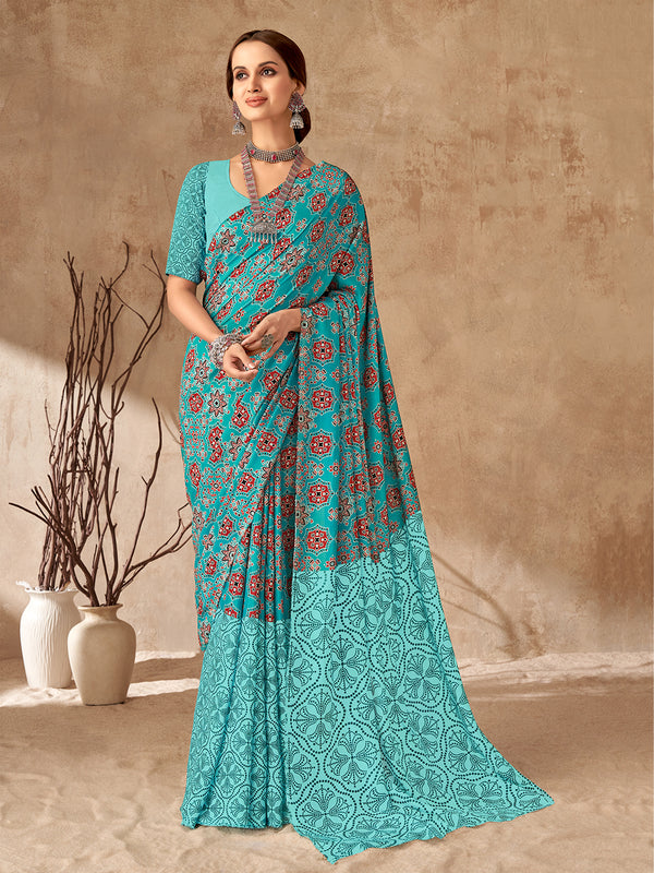 Vibrant Bandhej in Turquoise Blue