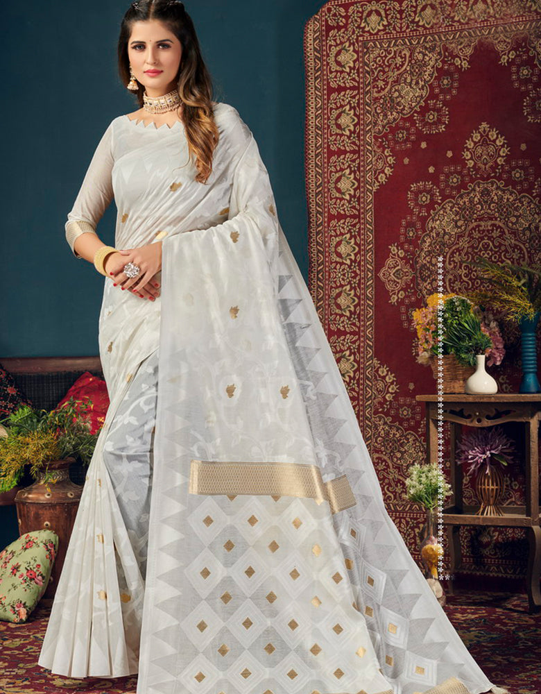 Sifaah Ekaya White Cotton Saree