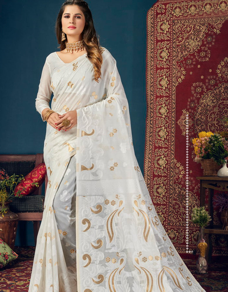 Sifaah Saavan White Cotton Saree