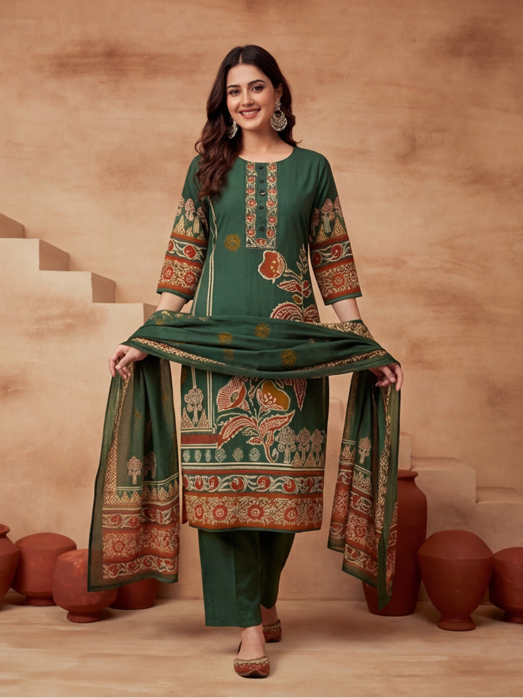 Printed Cotton Blend Round Neck Kurta & Trousers With Dupatta