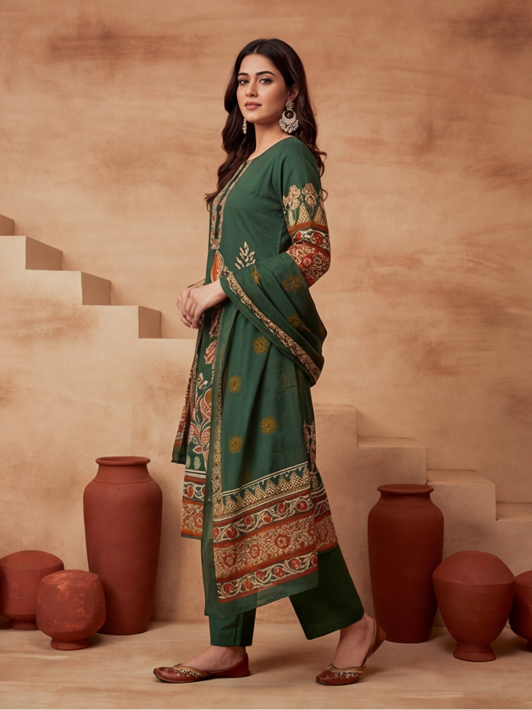 Printed Cotton Blend Round Neck Kurta & Trousers With Dupatta
