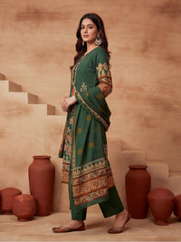 Printed Cotton Blend Round Neck Kurta & Trousers With Dupatta