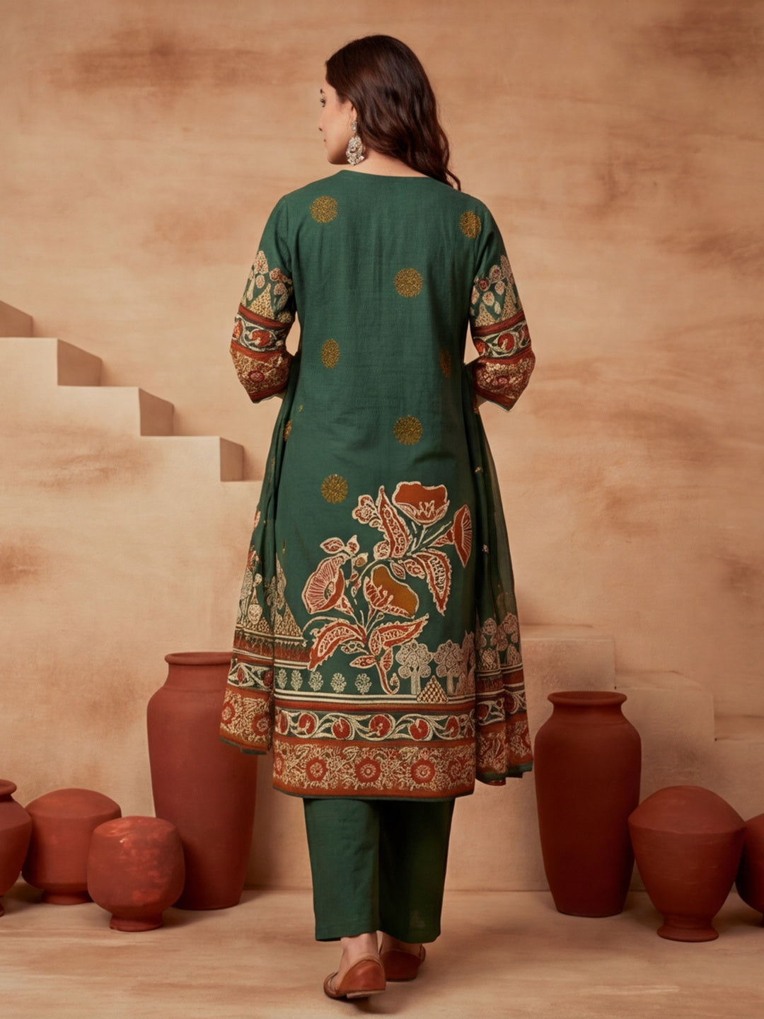 Printed Cotton Blend Round Neck Kurta & Trousers With Dupatta