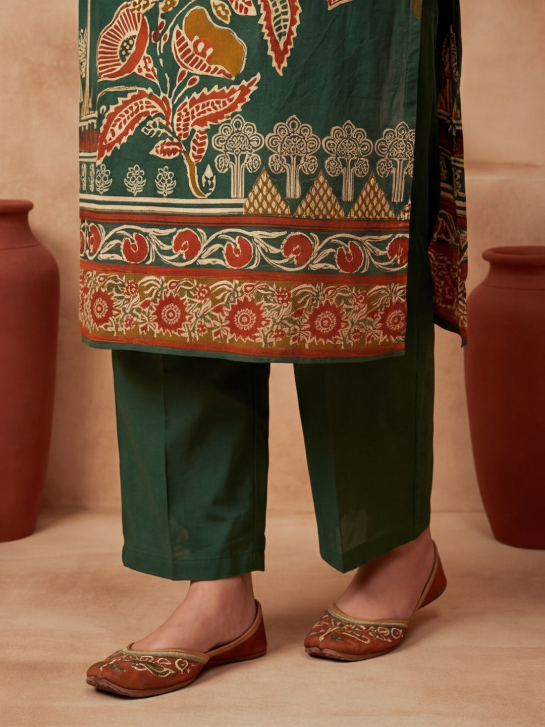 Printed Cotton Blend Round Neck Kurta & Trousers With Dupatta