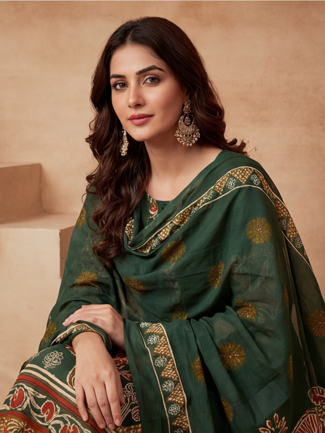Printed Cotton Blend Round Neck Kurta & Trousers With Dupatta