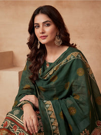 Printed Cotton Blend Round Neck Kurta & Trousers With Dupatta