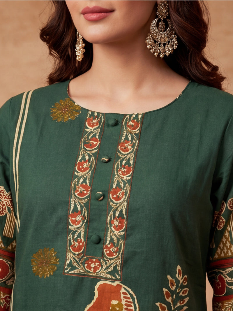 Printed Cotton Blend Round Neck Kurta & Trousers With Dupatta