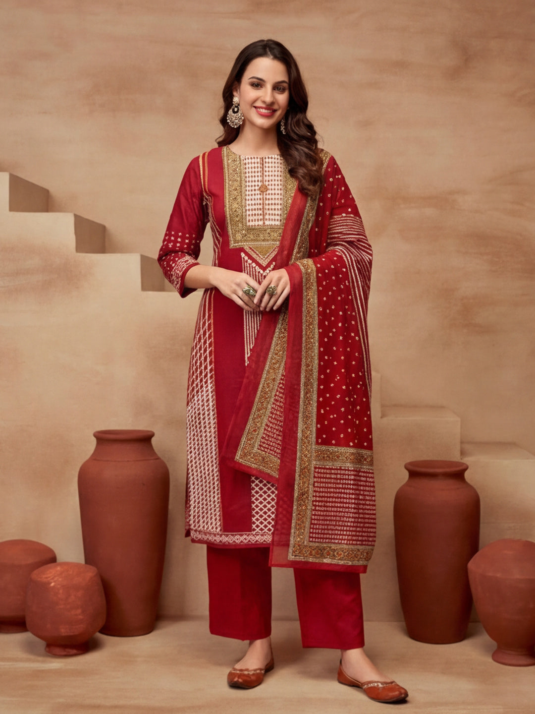 Printed Cotton Blend Round Neck Kurta & Trousers With Dupatta