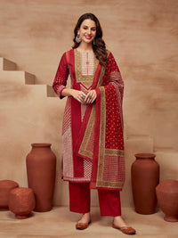 Printed Cotton Blend Round Neck Kurta & Trousers With Dupatta