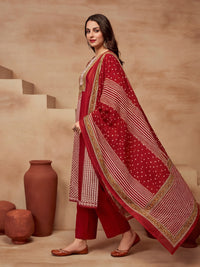 Printed Cotton Blend Round Neck Kurta & Trousers With Dupatta